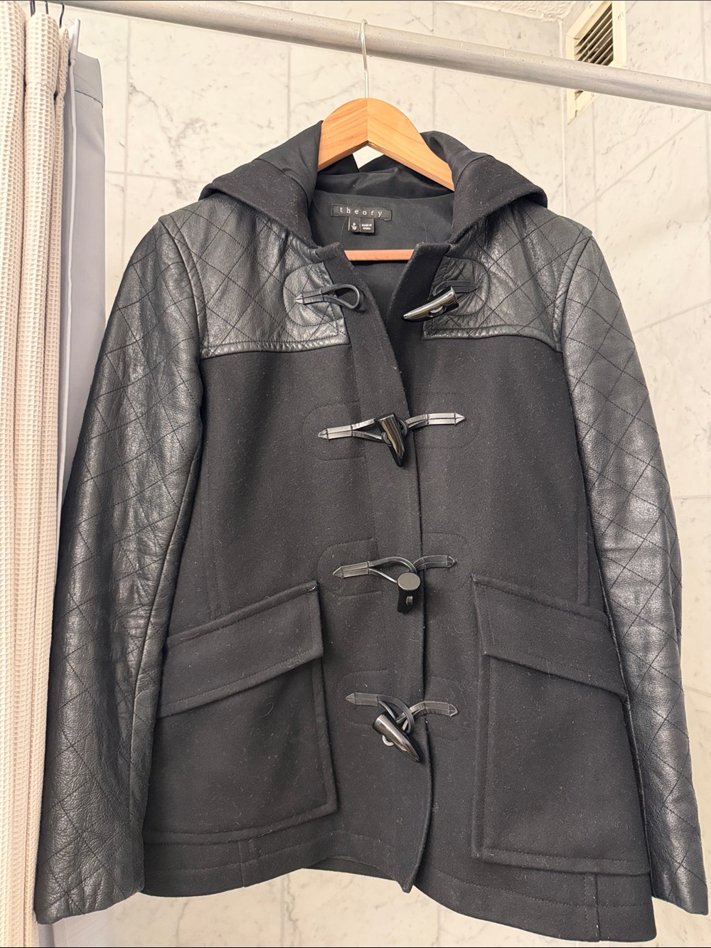 Theory Black Toggle Peacoat with Quilted Sleeves
